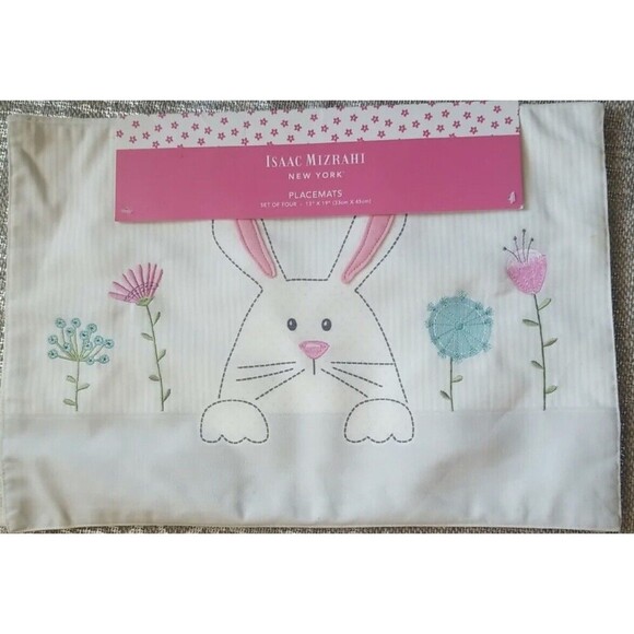 Isaac Mizrahi New York 4 Placemats Spring Easter Bunny Rabbit Flowers 13"x19" - Picture 1 of 3